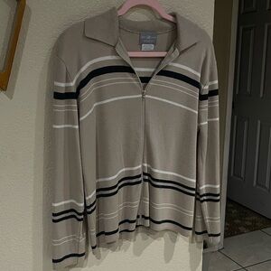 Jaclyn Smith Beige Zip-Up Collared Men's Sweater with Black and White Stripes